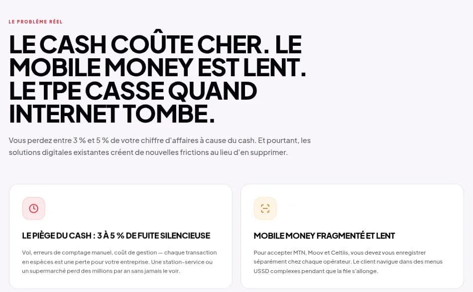 Page GPaye détaillant le coût du cash et les limites du mobile money pour un point de vente.