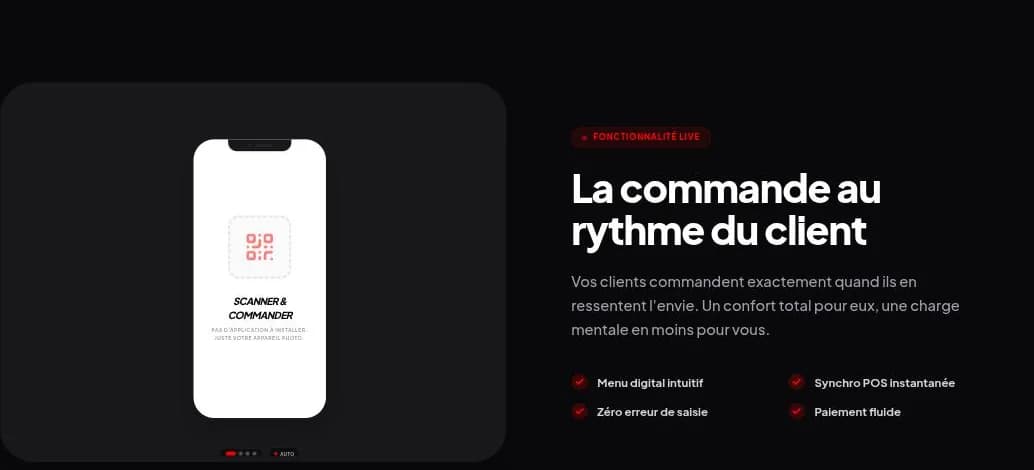 Commande par QR code depuis le téléphone du client, sans installation d'application.