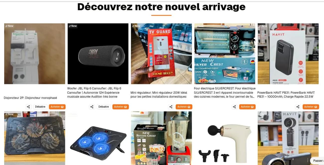 Catalogue TokpaEnLigne — grille de produits avec prix, boutons Acheter et Débattre.