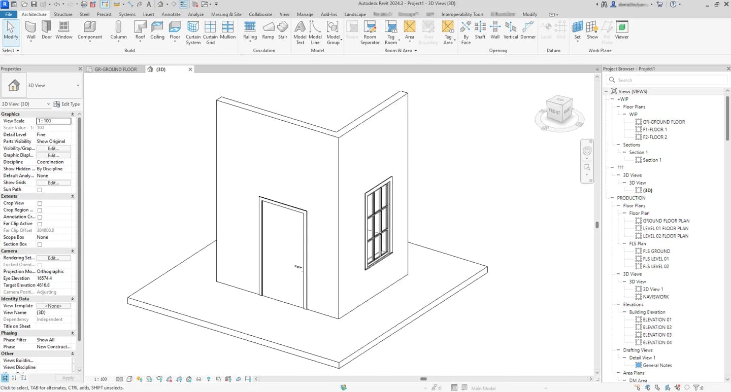 Interface d'Autodesk Revit en vue 3D, avec la palette des propriétés à gauche et l'arborescence du projet à droite