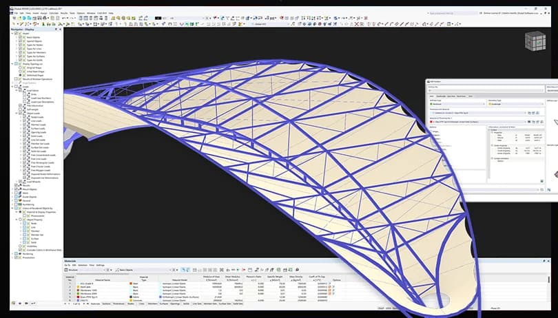 Interface de Dlubal RFEM affichant le modèle aux éléments finis d'une coque nervurée, avec l'arborescence du modèle et le tableau des matériaux