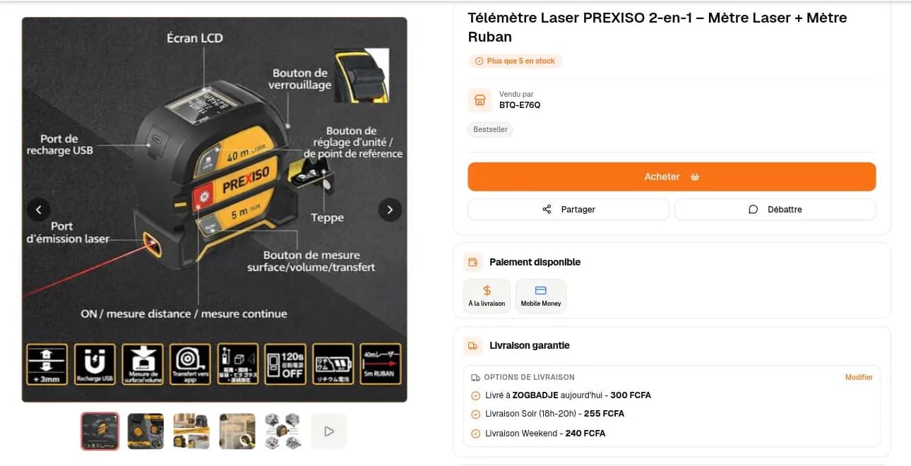Fiche produit TokpaEnLigne : prix en FCFA, vendeur, paiement à la livraison ou mobile money, options de livraison.